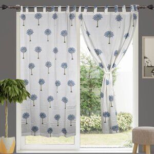 Hand Block Printed Cotton Curtains 7 feet – Set of 2 White & Blue